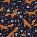 Little foxes in a space suit. Illustration in the Scandinavian style.Seamless pattern with astronauts on a starry