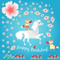 Little foxes with strawberry and funny horse on beautiful floral background. Greeting card Happy birthday! Royalty Free Stock Photo