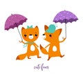 Little foxes with umbrellas illustration