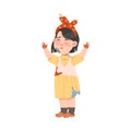 Little Freckled Girl in Blotted Clothing Standing with Smiley Drawn on Her Palms Vector Illustration