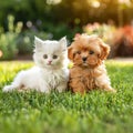 Little friends: white fluffy kitten and red fluffy puppy on green grass Royalty Free Stock Photo