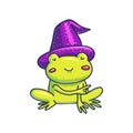 Little frog in witch hat pointing away Royalty Free Stock Photo