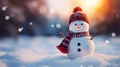 Little Frosty Or Snowman Wearing Red Hat And Scarf In Winter Snow Falling. Christmas