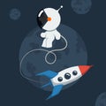 Little funny astronaut floated in space with rocket