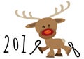 Little funny baby cartoon reindeer supporting number nine in numeric year and kicking number eight