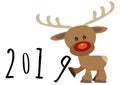 Little funny baby cartoon reindeer supporting number eight in numeric year, pour feliciter 2019