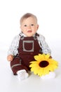 Little funny baby with sunflower in hand in overalls