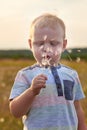 Little funny blond-haired boy blows on dandelions Royalty Free Stock Photo