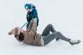 Little funny boy learning to skate with his mother in the park. Outdoor. Winter sport. Royalty Free Stock Photo