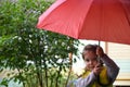 little funny cute girl walks in the rain with a red umbrella, in green rubber boots through the puddles. Laughs, has fun Royalty Free Stock Photo