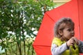 little funny cute girl walks in the rain with a red umbrella, in green rubber boots through the puddles. Laughs, has fun Royalty Free Stock Photo