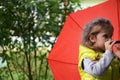 little funny cute girl walks in the rain with a red umbrella, in green rubber boots through the puddles. Laughs, has fun Royalty Free Stock Photo