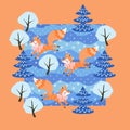 Little funny foxes frolic in mixed winter forest among the snow-covered trees. Cute card design in vector