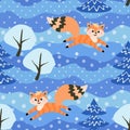 Little funny foxes frolic in the winter forest among the snow-covered trees. Seamless pattern in vector