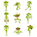 Little funny frog set, cute green amfibian animal cartoon character in various poses with different moods vector Royalty Free Stock Photo