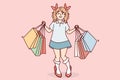 Little funny girl with shopping mall bags is standing in high heeled like at mother. Vector image
