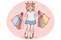 Little funny girl with shopping mall bags is standing in high heeled like at mother. Vector image Royalty Free Stock Photo