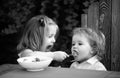 Little funny girl sister feeding baby. Cute funny babies eating, baby food, Healthy kids breakfast. Good appetite. Royalty Free Stock Photo