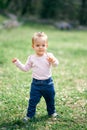 Little funny girl walking in a green meadow Royalty Free Stock Photo