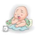 Little funny man Chibi yawns lying on a pillow under a blanket colored contour vector illustration in the style of doodle