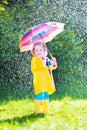 Little funny toddler with umbrella playing in rain Royalty Free Stock Photo