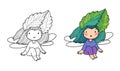 Little garden fairy leaf. Cute funny girl with wings. Illustration for coloring books. Monochrome and colored versions Royalty Free Stock Photo