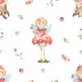 Watercolor seamless pattern with a little garden fairy strawberry sitting on a tree stump and an amanita mushroom Royalty Free Stock Photo