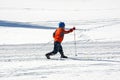 Little gilr is doing cross country skiing alone in a winter spot