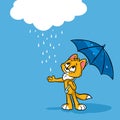 Little ginger cat umbrella rain cloud weather illustration cartoon Royalty Free Stock Photo