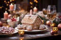 Little gingerbread house with glaze standing on dinner table with Christmas decorations and candles. Living room with lights and Royalty Free Stock Photo