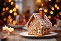 Little gingerbread house with glaze standing on dinner table with Christmas decorations and candles. Living room with lights and Royalty Free Stock Photo