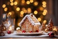 Little gingerbread house with glaze standing on dinner table with Christmas decorations and candles. Living room with lights and