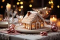 Little gingerbread house with glaze standing on dinner table with Christmas decorations and candles. Living room with lights and