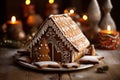 Little gingerbread house in powdered sugar like snow standing on wooden table with candles. Royalty Free Stock Photo