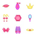 Little girl accessories icons set, cartoon style Royalty Free Stock Photo