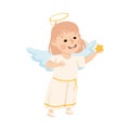 Little Girl Actress in Theater Costume of Angel with Wings and Nimbus Showing Performance Vector Illustration