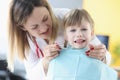 Little girl is afraid of dentist doctor closeup