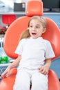 Little girl is afraid to show her teeth to a pediatric dentist. child girl in white clothes at reception at a pediatric dentist Royalty Free Stock Photo