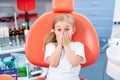 Little girl is afraid to show her teeth to a pediatric dentist. child girl in white clothes at reception at a pediatric dentist Royalty Free Stock Photo