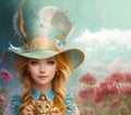 little girl Alice dressed in fashionable hat with cat in wonderland. close up. Digital artwork. Ai generated