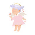 Little Girl Angel with Nimbus and Wings Sending Heart and Kisses Vector Illustration Royalty Free Stock Photo