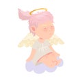 Little Girl Angel with Nimbus and Wings Sitting on Soft Cloud Vector Illustration Royalty Free Stock Photo