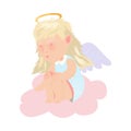 Little Girl Angel with Nimbus and Wings Sitting on Soft Cloud Vector Illustration Royalty Free Stock Photo