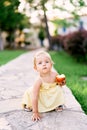 Little girl with an apple in her hand squatted on a paved path Royalty Free Stock Photo