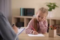 Little girl on appointment with child psychotherapist Royalty Free Stock Photo