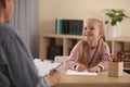 Little girl on appointment with child psychotherapist Royalty Free Stock Photo