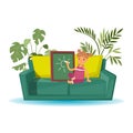 Little girl artist cartoon character draws with chalk on board vector illustration. Cute girl sits on sofa with pillows