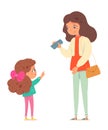 Little girl asking mother for money. Parent with child vector illustration. Mom standing with purse and bag, daughter