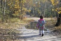 Little girl in autumn forest is on the road near the puddle. Royalty Free Stock Photo