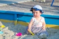 Little girl baby in a cap plays with toys in a sandbox with sand on the playground